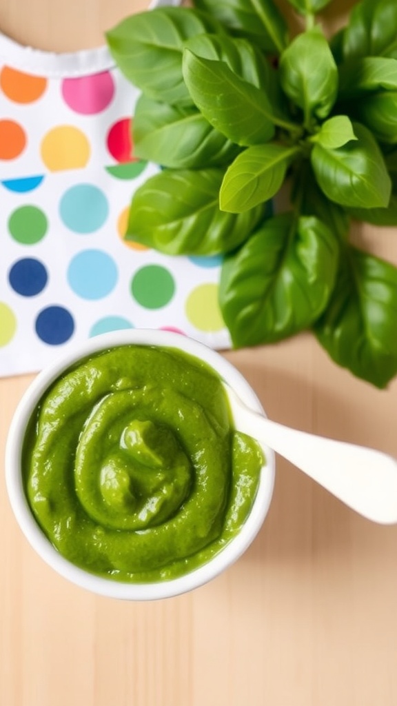 Bowl of green spinach puree for baby with a spoon on a colorful bib.